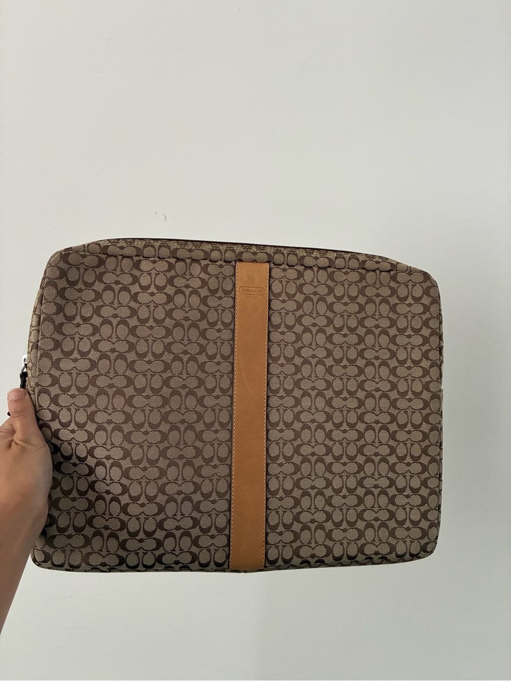 Coach Brown Signature Canvas Laptop Sleeve with Tan Center Stripe